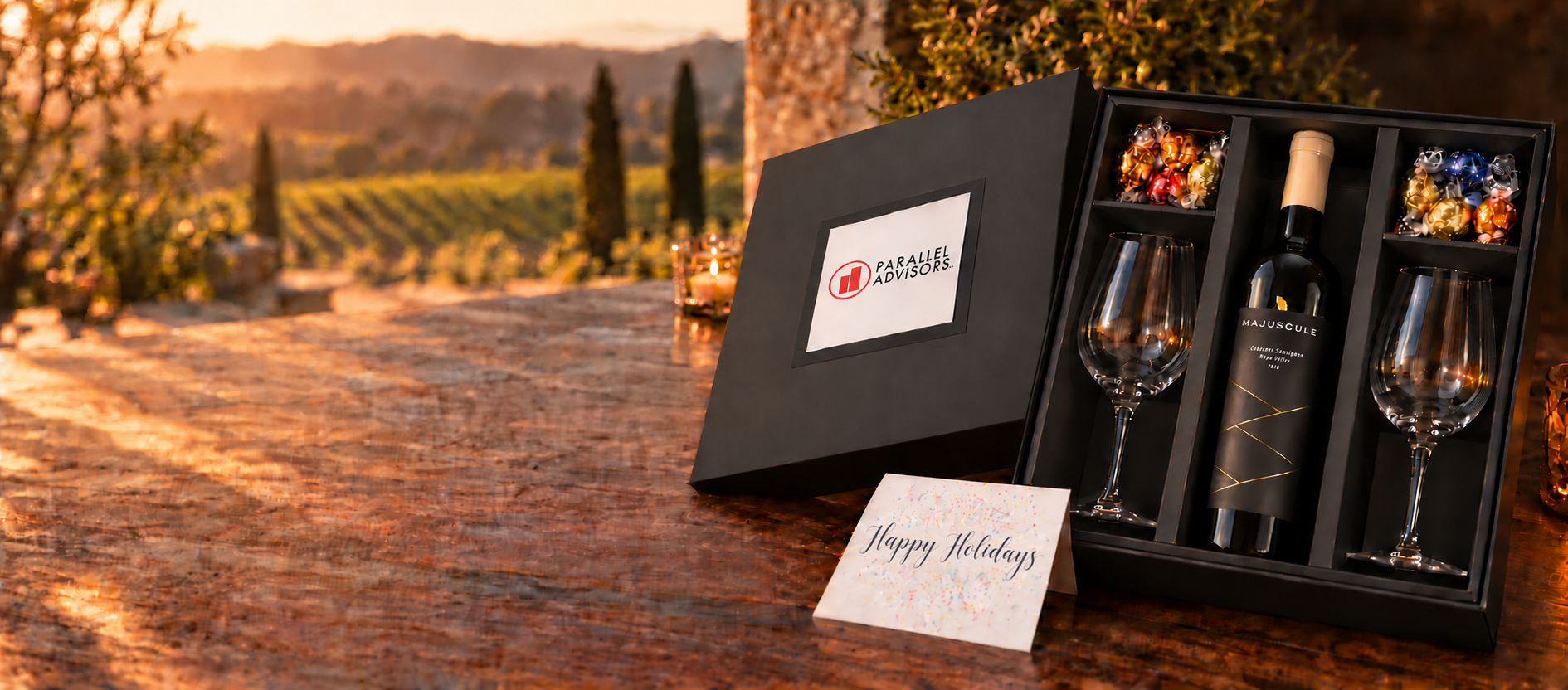 Robb Report 672 wine gift in a personalized presentation box with wine, stemware, and a message card